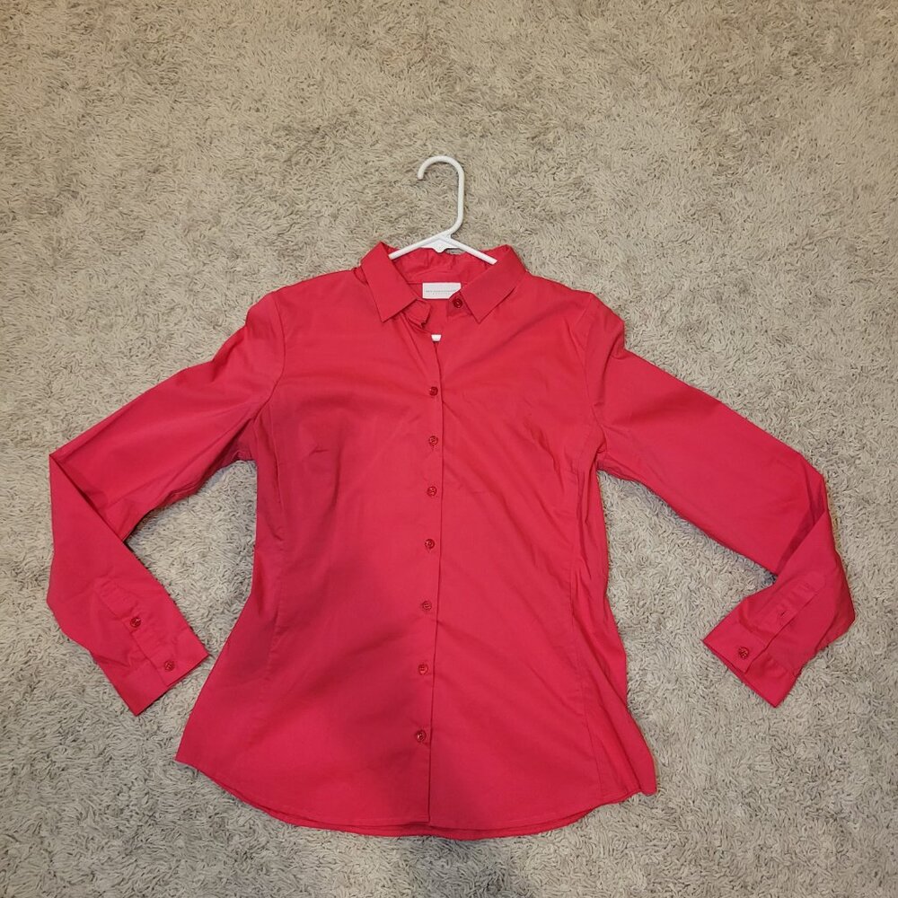 NY&Co Solid Watermelon Red Pink Fitted Button Down Collared Top New York & Comp - Picture 4 of 6